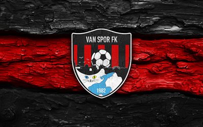 Vanspor FK wooden logo, 4k, black red wooden background, TFF 1  Lig, soccer, Vanspor FK logo, football, Vanspor FK emblem, Vanspor FK, turkish football club, Vanspor FC