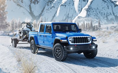jeep gladiator rubicon whitecap, 4k, fuera de la carretera, 2026 coches, invierno, suv, jeep gladiador, exterior, jeep gladiador rubicón 2026, autos americanos, jeep gladiador azul, jeep