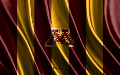 4k, Minnesota Golden Gophers logo, NCAA, red yellow silk texture, Minnesota Golden Gophers flag, American football club, silk flag, Minnesota Golden Gophers emblem, USA, Minnesota Golden Gophers