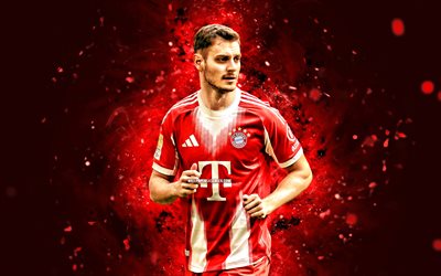 josip stanisic, 4k, bayern monaco, sfondo astratto rosso, bundesliga, calciatori croati, josip stanisic 4k, luci al neon rosse, calcio, fc bayern monaco, josip stanisic bayern monaco