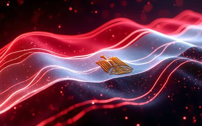 4k, Egypt glowing flag, bokeh, flag of Egypt, Day of Egypt, 3D art, Egyptian flag, Egypt neon flag, neon waves Egypt flag, Egypt 3D flag, Egypt abstract flag, Egypt