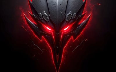 naamio punaisilla hehkuvilla silmillä, 4k, tekno taidetta, metallinen naamio, robotti punaisilla silmillä, grunge taidetta, punainen neonvalo