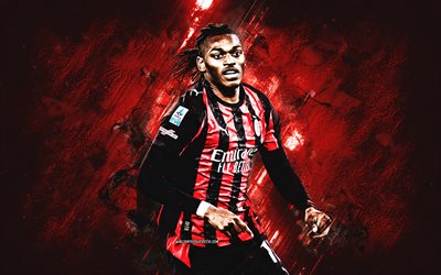 Rafael Leao, AC Milan, Portuguese football player, Milan, red stone background, football stars, grunge art, Serie A, Italy, football, Rafael Leao AC Milan