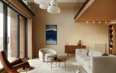 diseño de interiores con estilo, apartamento de dos niveles, sala de estar, ideas de sala de estar, diseño de interiores moderno, estilo interior retro, paredes beige en la sala de estar