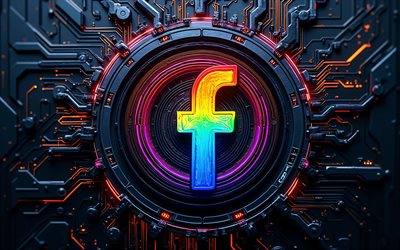 Facebook abstract logo, 4k, dark hi-tech background, colorful neon lights, conductors, microcircuit, social networks, Facebook 3D logo, brands, Facebook colorful logo, artwork, Facebook logo, Facebook