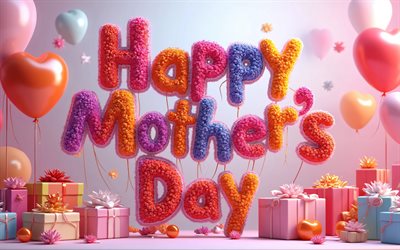 feliz dia de las madres, 4k, cajas de regalo coloridas, fondo colorido, conceptos de feliz día de la madre, letras florales 3d, inscripción del día de la madre feliz