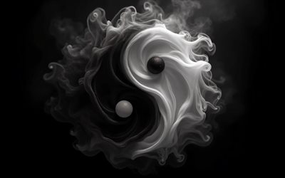 yin ja yang savumerkki, 4k, musta tausta, 3d yin  ja yang merkki, filosofia, yin ja yang, savu, yin ja yang käsitteet, yin ja yang merkki