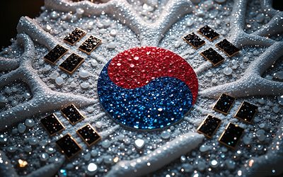 South Korean flag, 4K, gemstones, flag of South Korea, crystals, shiny stones, South Korea, creative art, blue red gemstones, blue red crystals, South Korea flag