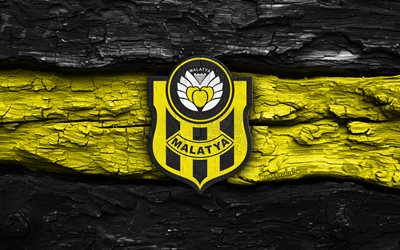 Yeni Malatyaspor wooden logo, 4k, black yellow wooden background, TFF 1  Lig, soccer, Yeni Malatyaspor logo, football, Yeni Malatyaspor emblem, Yeni Malatyaspor, turkish football club, Yeni Malatyaspor FC