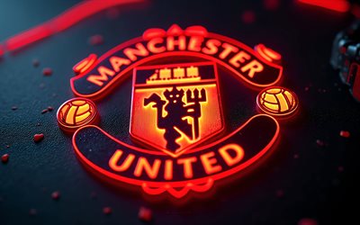 Manchester United FC neon logo, 4k, red neon background, Premier League, Manchester United logo, neon art, Manchester United FC logo, Manchester United FC emblem, England, Manchester United FC