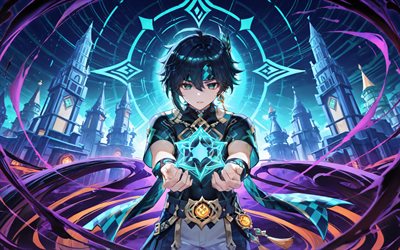 kínich, 4k, adornos turquesas, impacto de genshin, castillos, personajes de anime, personajes de impacto de genshin, impacto de kinich genshin