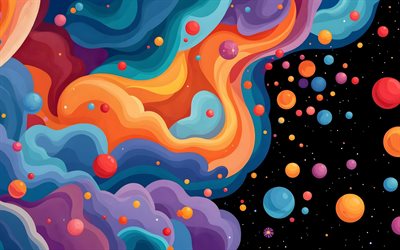 4k, ondas abstractas coloridas, arte de dibujos animados, galaxia, bolas, curvas abstractas, creativo, abstracción colorida, fondo ondulado abstracto, ondas abstractas, fondos abstractos