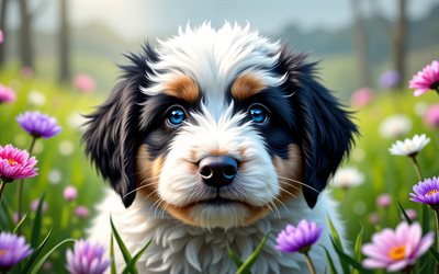 4k, cachorro de perro pastor bergamasco, ojos azules, primavera, bokeh, perros, animales lindos, cachorros, mascotas, perro pastor bergamasco, flores de primavera, cachorro en el césped