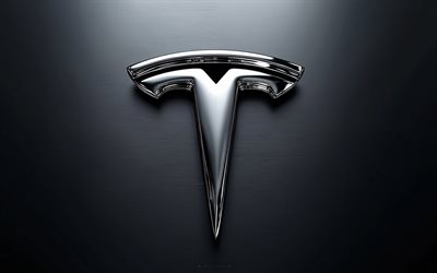 teslan kromimerkki, 4k, teslan logo, tyylikäs musta tausta, teslan 3d logo, musta kiillotettu metalli, teslan merkki, amerikkalaiset autot, tesla