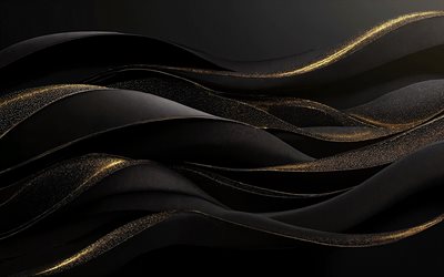 ondas 3d pretas e douradas, 4k, ondas pretas com veios dourados, fundo de ondas de brilho dourado, fundo preto de ondas 3d, textura de onda preta de pedra