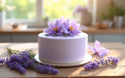 Spring cake decorated with lavender, 4k, purple cake, spring flowers, spring cake, lavender, spring cake ideas, baking, cakes