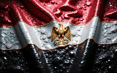 Egyptian flag, 4K, gemstones, flag of Egypt, crystals, shiny stones, Egypt, creative art, red gemstones, red white black crystals, Egypt flag