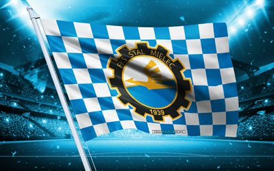 4k, Stal Mielec FC logo, Polish football club, stadium flag, Stal Mielec FC fans flag, blue white flag, Stal Mielec FC emblem, Ekstraklasa, Poland, football, Stal Mielec FC
