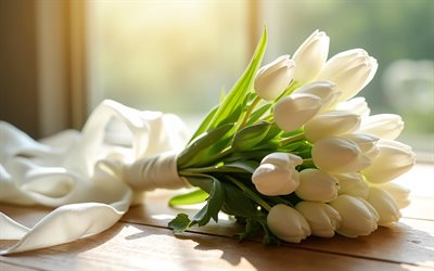 white tulips, 4K, wedding bouquet, wedding concepts, bridal bouquet, wedding bouquet of white tulips, tulips bridal bouquet, tulips, white wedding bouquet