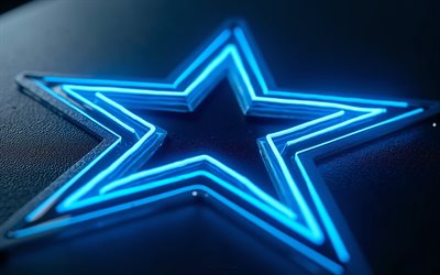 logotipo de neón de los vaqueros de dallas, 4k, fondo metálico azul, logotipo de los vaqueros de dallas, arte de neón, emblema de los vaqueros de dallas, eeuu, vaqueros de dallas, fútbol americano, nfl