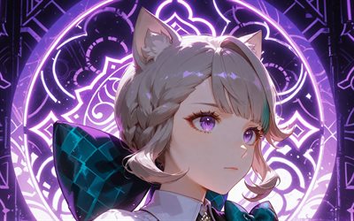 lynette, 4k, adornos de neón violeta, oscuridad, impacto de genshin, fondo abstracto violeta, personajes de anime, lynn, netti, lina, personajes de impacto de genshin, impacto de lynette genshin