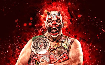 palhaço assassino, 4k, luzes de néon vermelhas, aaa, criativo, lutador mexicano, palhaço assassino com cinto, wwe, fundo abstrato laranja, entretenimento de luta livre mundial, lutadores, palhaço assassino 4k