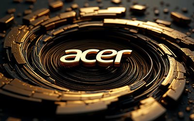 Acer 3D logo, 4k, bokeh, golden 3D backgrounds, geometric art, electronics brands, Acer golden logo, creative, Acer logo, Acer