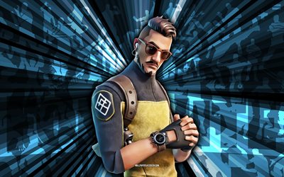 4k, Hugo, blue rays background, Hugo Skin, Hugo Fortnite, abstract art, Fortnite Hugo Skin, Fortnite characters, Fortnite, creative art