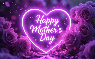 4k, feliz dia de las madres, oscuridad, corazón de neón violeta, rosas rojas, conceptos de feliz día de la madre, letras de neón violetas, inscripción del día de la madre feliz