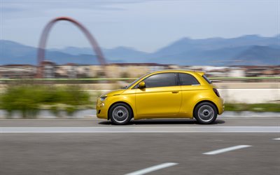 2026, fiat 500 híbrido, 4k, exterior, vista lateral, fiat 500, fiat 500 amarillo, nuevo fiat 500 2026, coches italianos, fíat