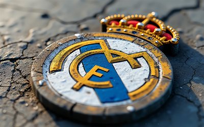 Real Madrid stone logo, earth with cracks background, Real Madrid emblem, Real Madrid logo, Real Madrid sign, La Liga, Spain, football, Real Madrid, Real Madrid CF logo, Real Madrid CF