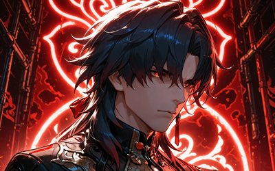 4k, cuchilla, adornos de neón rojo, carril estelar honkai, oscuridad, de cerca, personajes de anime, manga, personajes de honkai star rail, cazadores estelares, espada honkai star rail