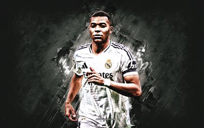 Kylian Mbappe, Real Madrid, white stone background, football star, French footballer, grunge art, Real, La Liga, Spain, Real Madrid CF, football, Kylian Mbappe Real Madrid