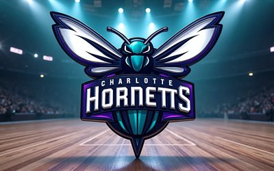4k, charlotte hornets 3d logotyp, strålkastare, basketstadion bakgrund, nba, kreativ, basketboll, charlotte hornets logotyp, charlotte hornets emblem, amerikansk basketlag, charlotte hornets