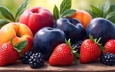 4k, moras, ciruelas, fresas, duraznos, de cerca, frutas frescas, frutas maduras, fondo con frutas, obra de arte, frutas