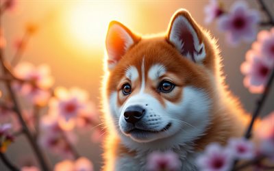 4k, cachorro akita inu, atardecer, primavera, flor de cerezo, perros, animales lindos, cachorros, mascotas, akita inu, bokeh, flores de primavera, perro akita inu