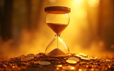 aika on rahaa, 4k, tiimalasi, aika on rahaa käsitteitä, rahoitusta, tiimalasi kolikoilla, rahan käsitteitä