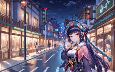 yun jin, 4k, calle, noche, impacto de genshin, camino, personajes de anime, ojos rojos, personajes de impacto de genshin, impacto de yun jin genshin