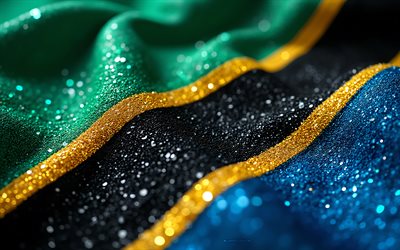 Tanzania flag, 4K, gemstones, flag of Tanzania, crystals, shiny stones, Tanzania, creative art, blue gemstones, blue yellow green crystals