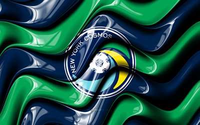 logotipo 3d do cosmos de nova york, 4k, ondas 3d azuis verdes, liga um da usl, futebol, bandeira do cosmos de nova york, criativo, logotipo do new york cosmos, clube de futebol americano, cosmos de nova york