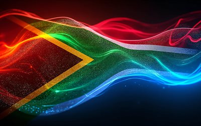 4k, bandera resplandeciente de sudáfrica, bokeh, bandera de sudáfrica, día de sudáfrica, arte 3d, bandera sudafricana, bandera de neón de sudáfrica, ondas de neón bandera de sudáfrica, bandera abstracta de sudáfrica, sudáfrica