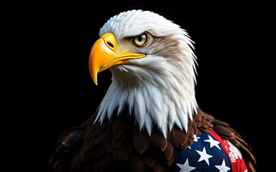águila calva sobre un fondo negro, bandera americana, aves de presa, águila calva de cerca, águila calva con la bandera estadounidense, águila calva, símbolo de los eeuu, cuatro de julio, 4 de julio, bandera de estados unidos