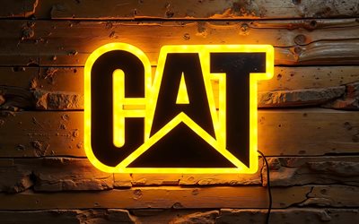 4k, caterpillarin neonlogo, pimeys, puinen 3d tausta, tuotemerkit, rakennuslaitteet, caterpillarin logo, luova, toukka, cat logo, kissa