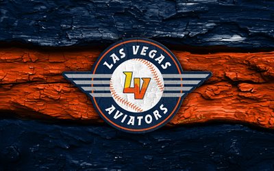 Las Vegas Aviators wooden logo, 4k, blue orange wooden background, PCL, baseball, Las Vegas Aviators logo, Las Vegas Aviators emblem, american baseball team, Las Vegas Aviators