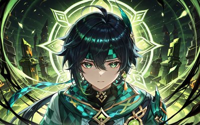 kínich, 4k, fondo verde 3d, impacto de genshin, castillos, personajes de anime, personajes de impacto de genshin, impacto de kinich genshin