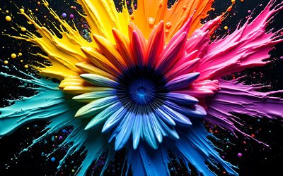 4k, flores coloridas en 3d, fondo negro, salpicaduras de pintura, creativo, arte 3d, macro, flores 3d, fondo con flores, flores coloridas, fondos florales coloridos, patrones de flores 3d