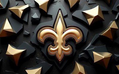 logo 3d des saints de la nouvelle orléans, 4k, fond 3d noir doré, nfl, football américain, logo en métal des saints de la nouvelle orléans, rayons néon beiges, logo des saints de la nouvelle orléans, équipe de football américain, saints de la nouvelle orléans