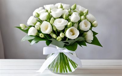 eustoma blanco, 4k, minimalismo, florero de cristal, fondo blanco, ramo de eustoma, hermosas flores, lazo blanco, primavera, fondo con eustoma, flores blancas, eustoma
