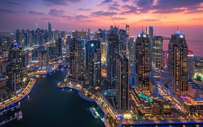 Dubai Marina, evening, sunset, Dubai, skyscrapers, Dubai panorama, business centers, UAE, Dubai cityscape, Dubai skyline, United Arab Emirates