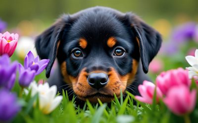 Rottweiler puppy, 4k, colorful tulips, spring, bokeh, dogs, cute animals, puppies, pets, Rottweiler, spring flowers, puppy on the lawn, Rottweiler Dog